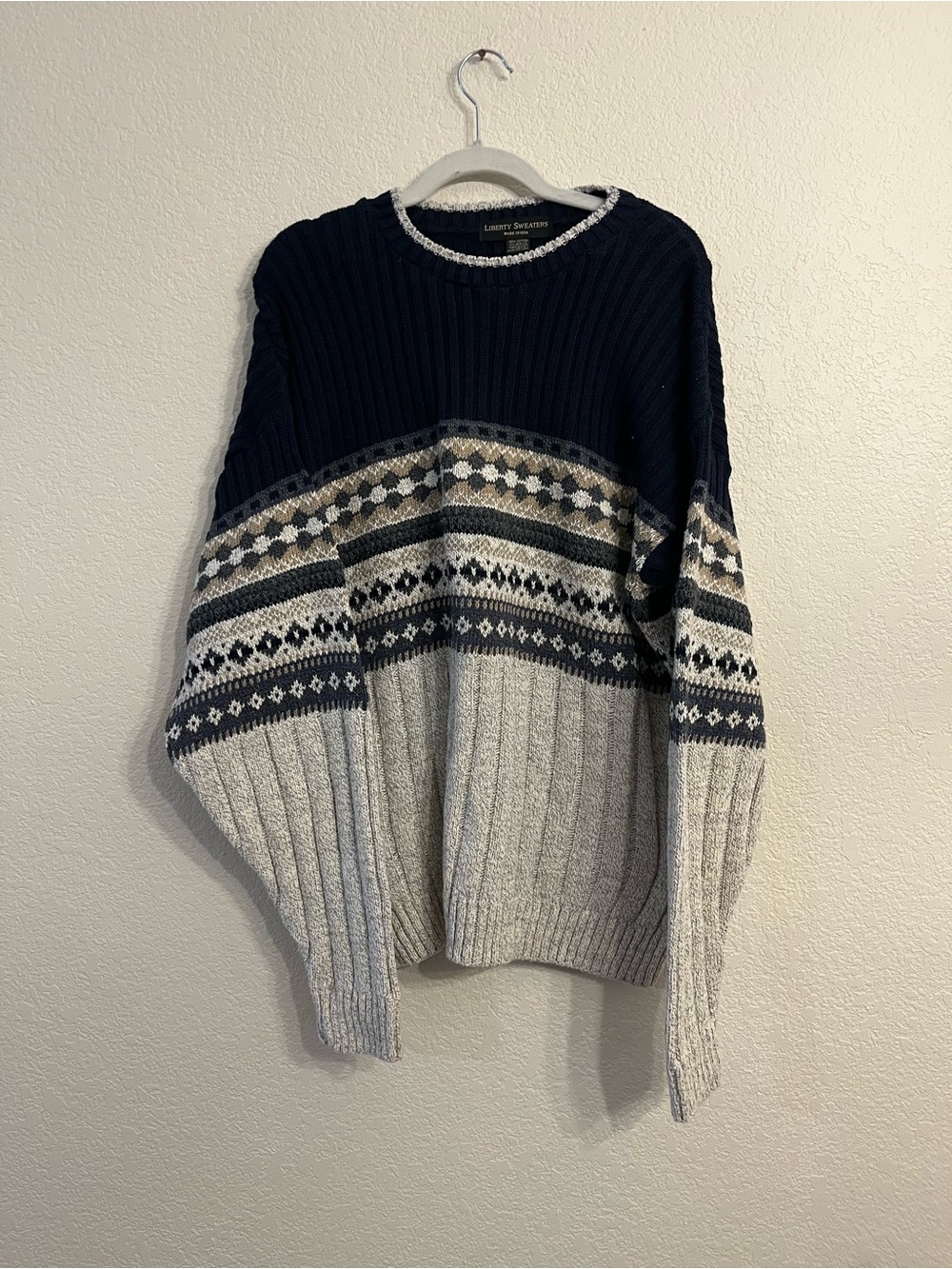 Knit vintage classic Ribbed Fair Isle Crewneck Sweater - Navy & Light Gray
